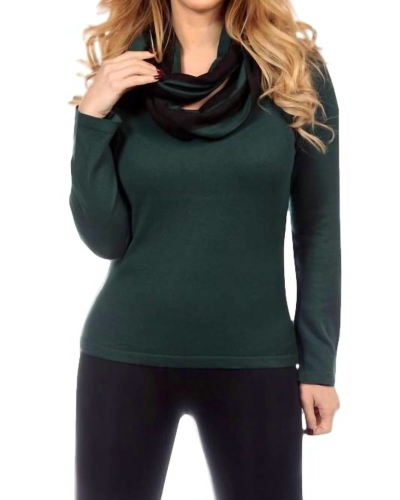Front of a model wearing a size one-size-fits-all Striped Infinity Scarf In Hunter in Hunter by ANGEL. | dia_product_style_image_id:354600